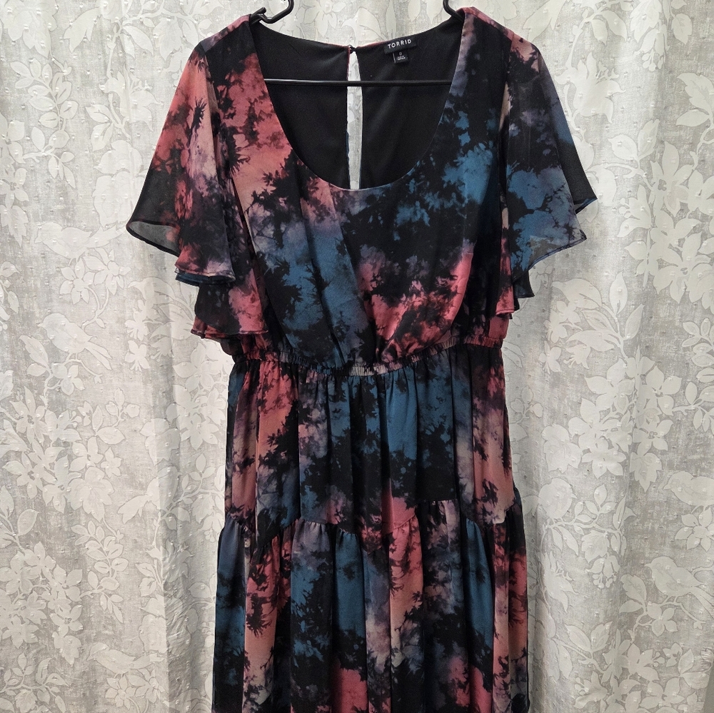 Torrid Tie-Dye Midi Dress in Black, Pink, and Blue